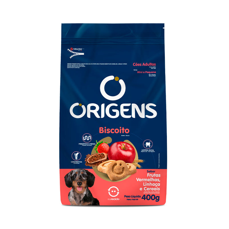 Biscoito Origens para Cães Adultos de Porte Mini e Pequeno Sabor Frutas Vermelhas, Linhaça e Cereais 400 g
