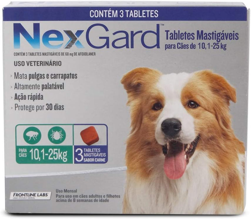 Nexgard Antipulgas e Carrapatos 3,0gr Merial p/Cães de 10,1 a 25kg - 3 Tabletes