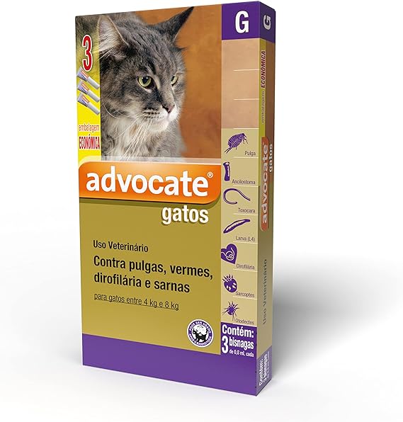 Combo Advocate® Multiproteção contra pulgas, vermes, sarnas em gatos de 4kg até 8kg - 3 Bisnagas