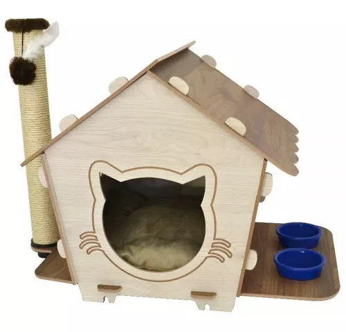 Arranhador Malau Mdf C/ Casinha E Comedouro P/ Gatos Sao Pet