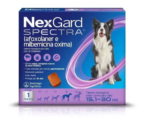 NexGard Spectra Antipulgas e Carrapatos e Vermífugo para Cães de 15,1 a 30kg - 1 tablete