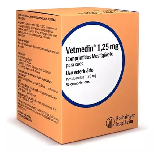 Vetmedin 1,25 Mg 50 Comp. 1,25mg Pimobendan Cães Cardiacos