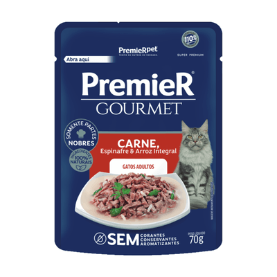 Ração Úmida Premier Gourmet Gatos Adultos Carne, Espinafre e Arroz Integral 70 g