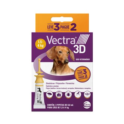 Antipulgas Vectra 3D Cães 1,5 a 4 kg Ceva 0,8 ml Leve 3 Pague 2 3 pipetas